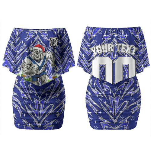 Personalised Bulldogs Rugby Christmas Family Matching Off Shoulder Short Dress and Hawaiian Shirt Santa Rugby Mascot - Pine Wreath Festive