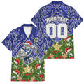 Personalised Bulldogs Rugby Christmas Family Matching Off Shoulder Short Dress and Hawaiian Shirt Santa Rugby Mascot - Pine Wreath Festive