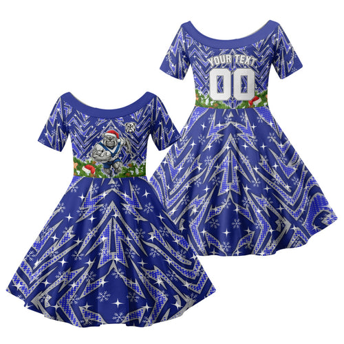 Personalised Bulldogs Rugby Christmas Family Matching Off Shoulder Short Dress and Hawaiian Shirt Santa Rugby Mascot - Pine Wreath Festive