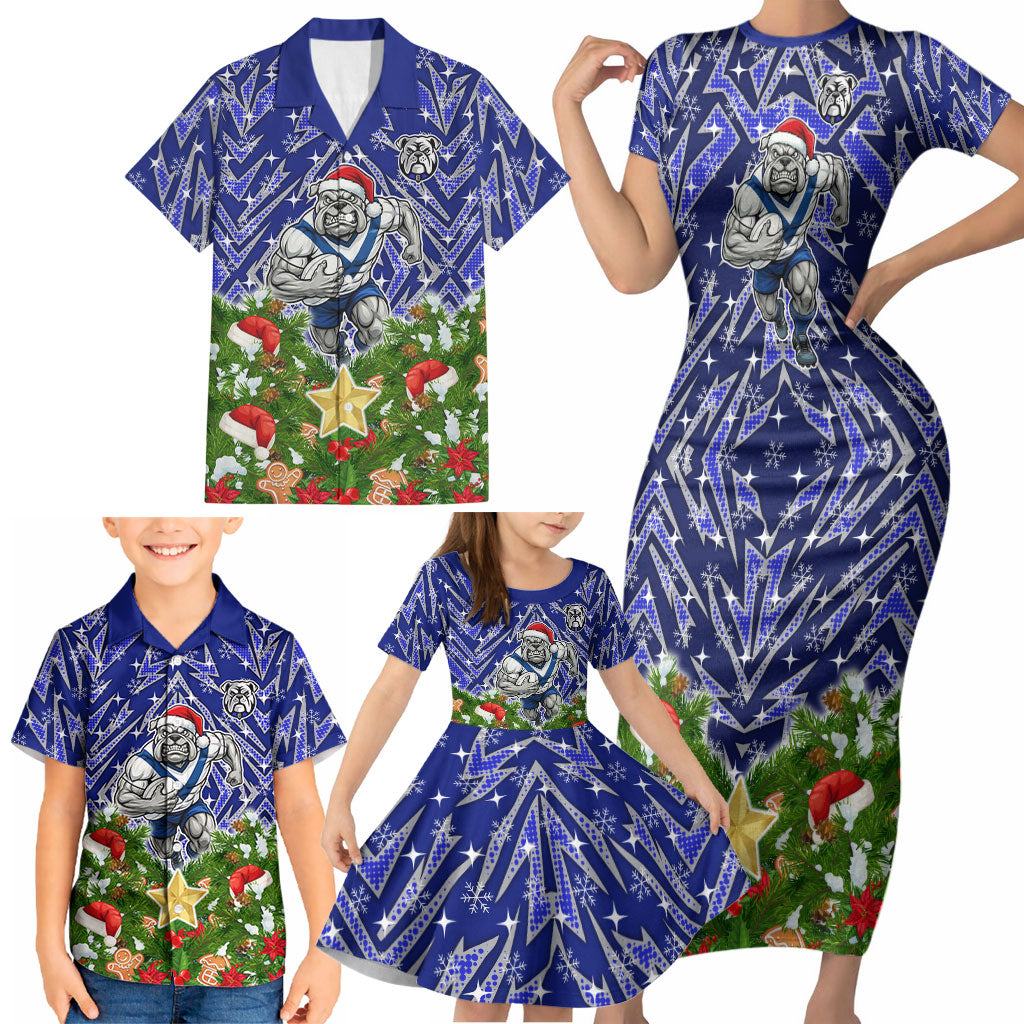 Personalised Bulldogs Rugby Christmas Family Matching Short Sleeve Bodycon Dress and Hawaiian Shirt Santa Rugby Mascot - Pine Wreath Festive