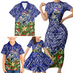 Personalised Bulldogs Rugby Christmas Family Matching Short Sleeve Bodycon Dress and Hawaiian Shirt Santa Rugby Mascot - Pine Wreath Festive