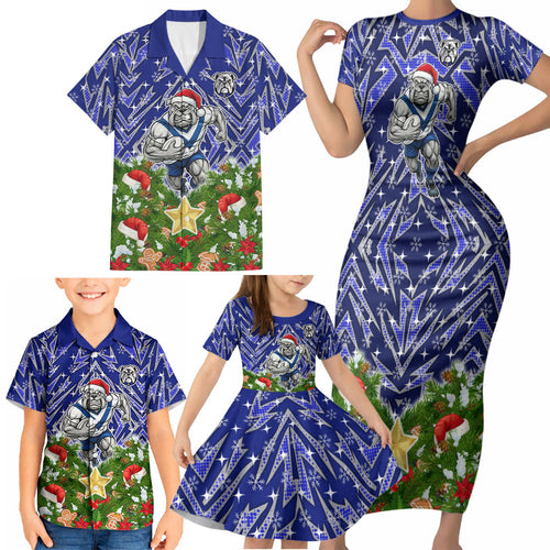 Personalised Bulldogs Rugby Christmas Family Matching Short Sleeve Bodycon Dress and Hawaiian Shirt Santa Rugby Mascot - Pine Wreath Festive