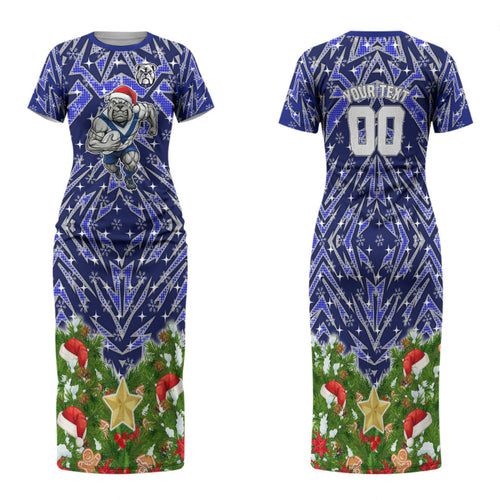 Personalised Bulldogs Rugby Christmas Family Matching Short Sleeve Bodycon Dress and Hawaiian Shirt Santa Rugby Mascot - Pine Wreath Festive