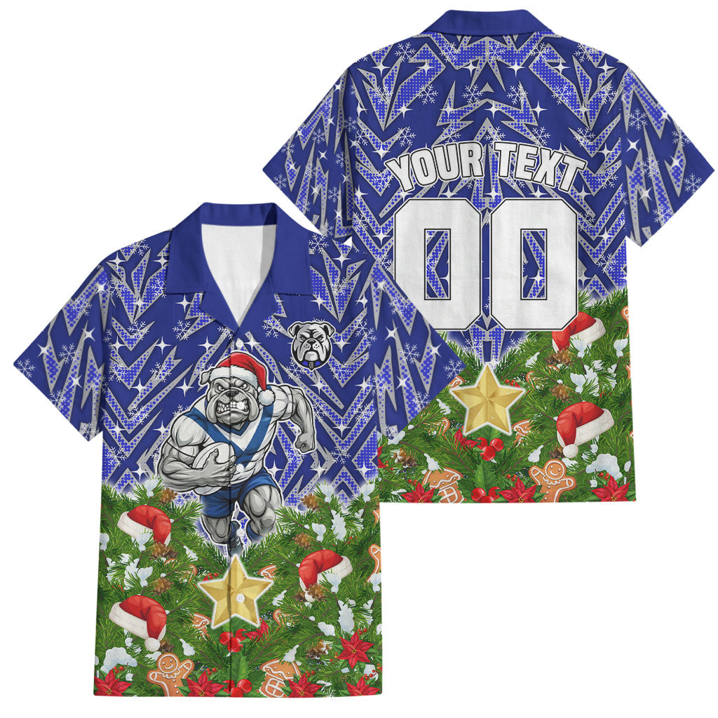 Personalised Bulldogs Rugby Christmas Family Matching Short Sleeve Bodycon Dress and Hawaiian Shirt Santa Rugby Mascot - Pine Wreath Festive