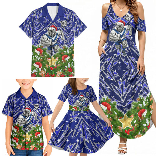 Personalised Bulldogs Rugby Christmas Family Matching Summer Maxi Dress and Hawaiian Shirt Santa Rugby Mascot - Pine Wreath Festive