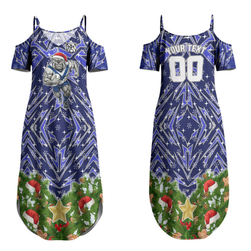 Personalised Bulldogs Rugby Christmas Family Matching Summer Maxi Dress and Hawaiian Shirt Santa Rugby Mascot - Pine Wreath Festive
