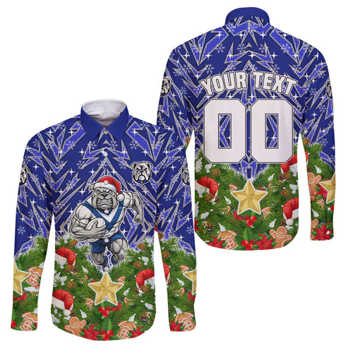 Personalised Bulldogs Rugby Christmas Family Matching Summer Maxi Dress and Hawaiian Shirt Santa Rugby Mascot - Pine Wreath Festive