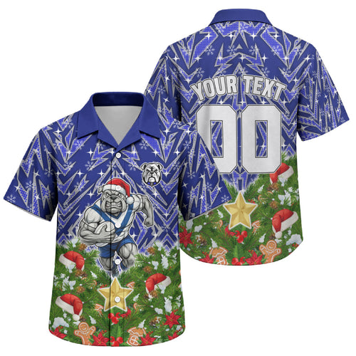 Personalised Bulldogs Rugby Christmas Family Matching Summer Maxi Dress and Hawaiian Shirt Santa Rugby Mascot - Pine Wreath Festive