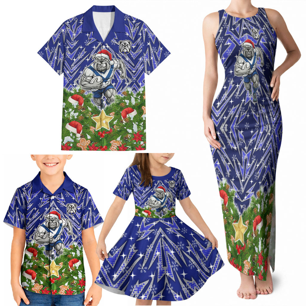 Personalised Bulldogs Rugby Christmas Family Matching Tank Maxi Dress and Hawaiian Shirt Santa Rugby Mascot - Pine Wreath Festive