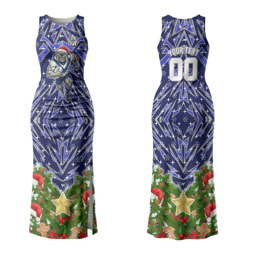 Personalised Bulldogs Rugby Christmas Family Matching Tank Maxi Dress and Hawaiian Shirt Santa Rugby Mascot - Pine Wreath Festive