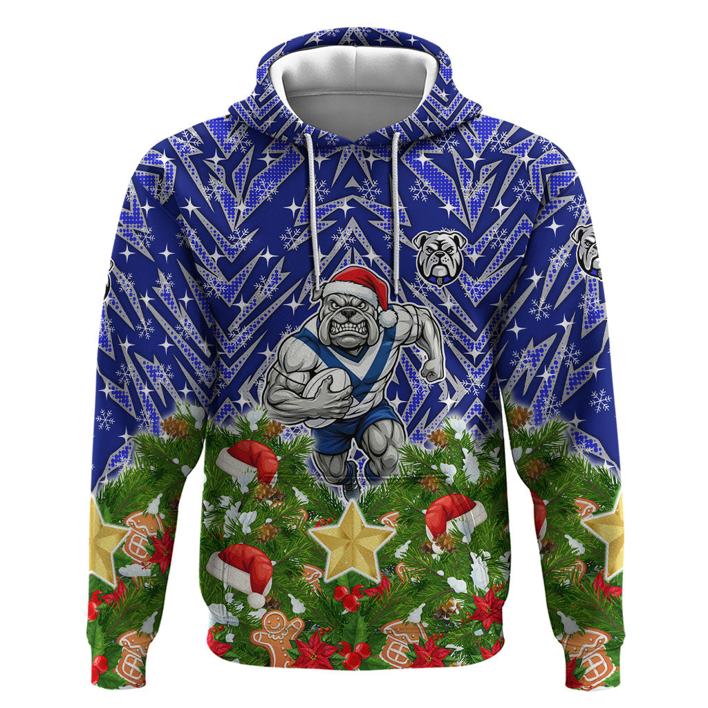Personalised Bulldogs Rugby Christmas Hoodie Santa Rugby Mascot - Pine Wreath Festive