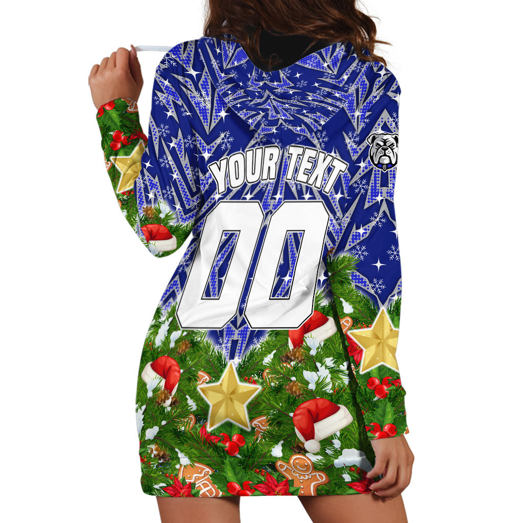 Personalised Bulldogs Rugby Christmas Hoodie Dress Santa Rugby Mascot - Pine Wreath Festive