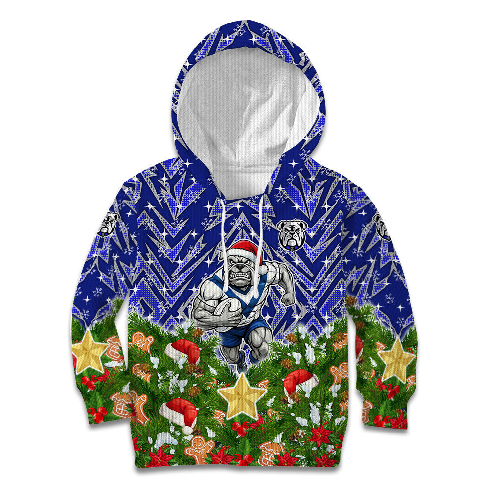 Personalised Bulldogs Rugby Christmas Kid Hoodie Santa Rugby Mascot - Pine Wreath Festive