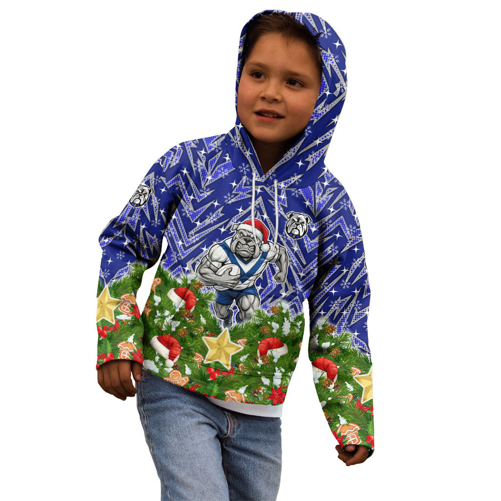 Personalised Bulldogs Rugby Christmas Kid Hoodie Santa Rugby Mascot - Pine Wreath Festive
