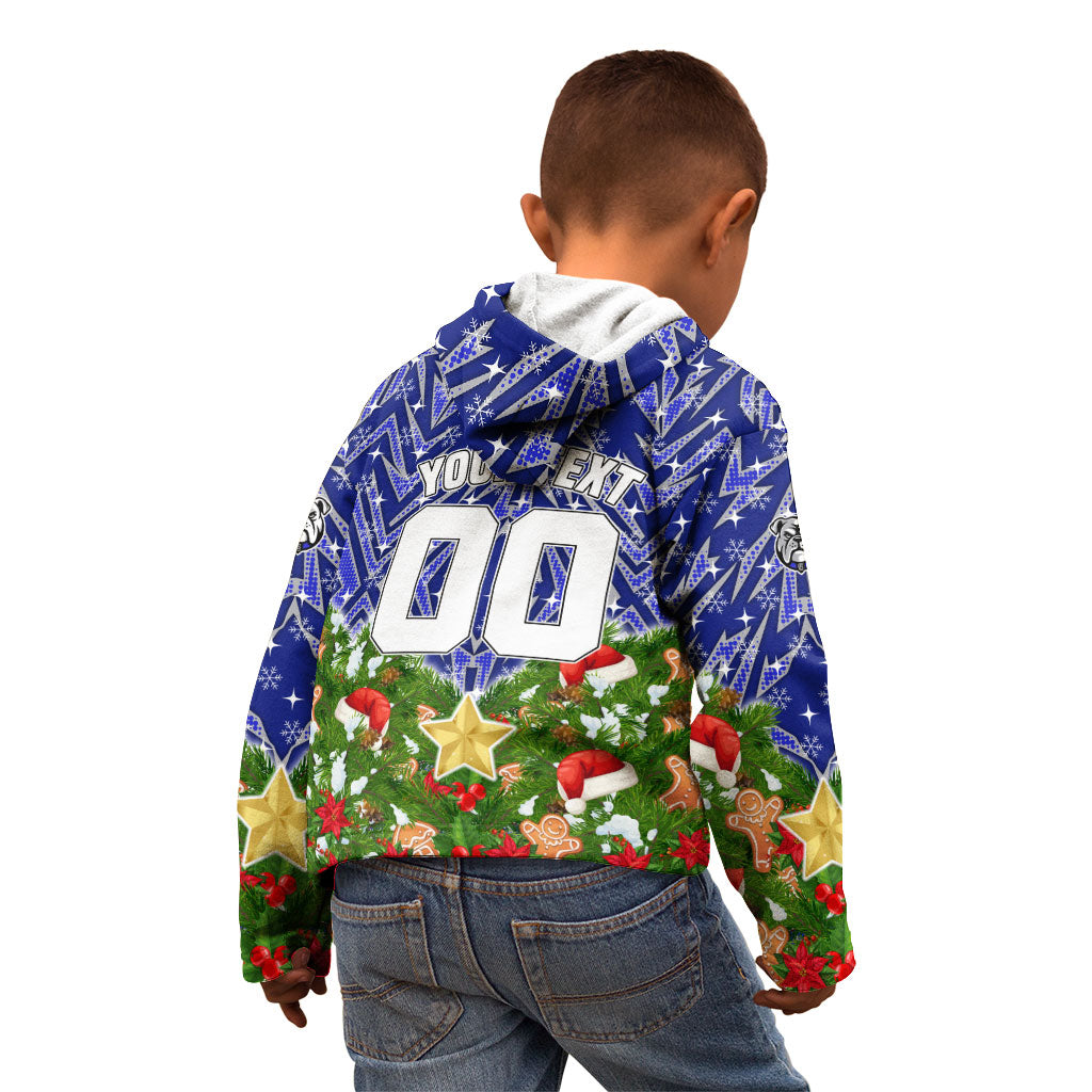 Personalised Bulldogs Rugby Christmas Kid Hoodie Santa Rugby Mascot - Pine Wreath Festive