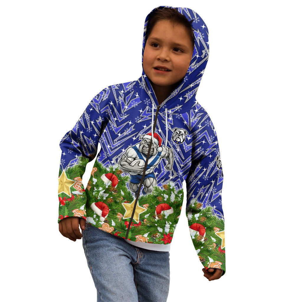 Personalised Bulldogs Rugby Christmas Kid Hoodie Santa Rugby Mascot - Pine Wreath Festive