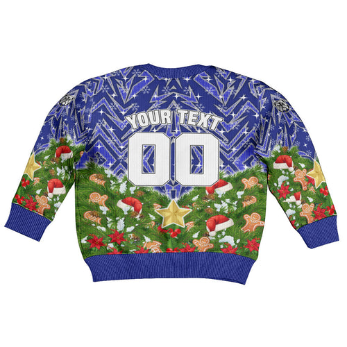 Personalised Bulldogs Rugby Christmas Kid Ugly Christmas Sweater Santa Rugby Mascot - Pine Wreath Festive