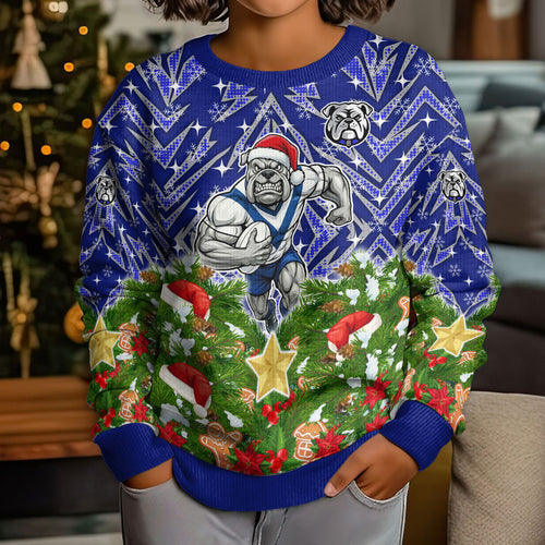 Personalised Bulldogs Rugby Christmas Kid Ugly Christmas Sweater Santa Rugby Mascot - Pine Wreath Festive