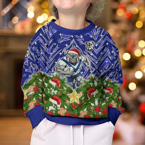 Personalised Bulldogs Rugby Christmas Kid Ugly Christmas Sweater Santa Rugby Mascot - Pine Wreath Festive