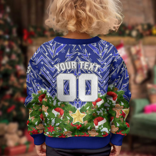 Personalised Bulldogs Rugby Christmas Kid Ugly Christmas Sweater Santa Rugby Mascot - Pine Wreath Festive