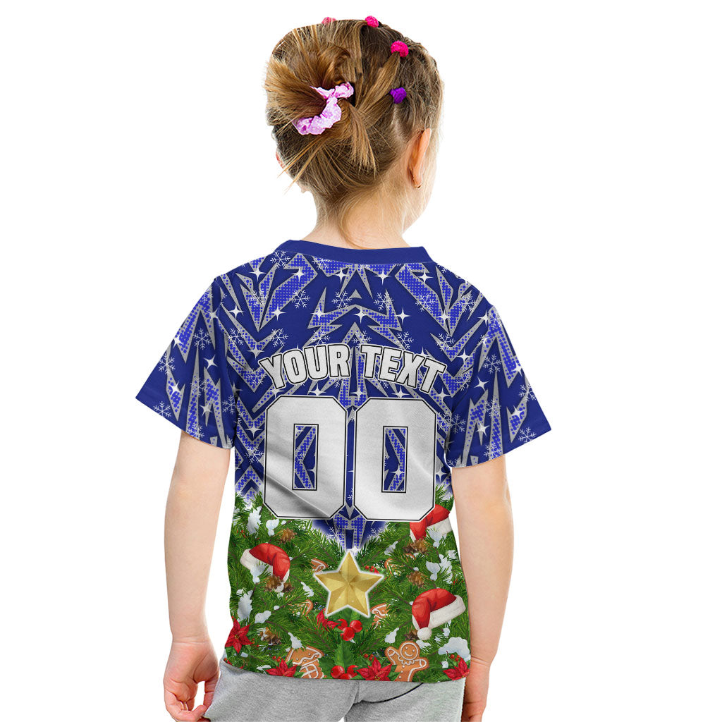 Personalised Bulldogs Rugby Christmas Kid T Shirt Santa Rugby Mascot - Pine Wreath Festive