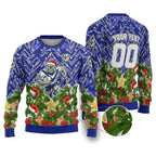 Personalised Bulldogs Rugby Christmas Ugly Christmas Sweater Santa Rugby Mascot - Pine Wreath Festive