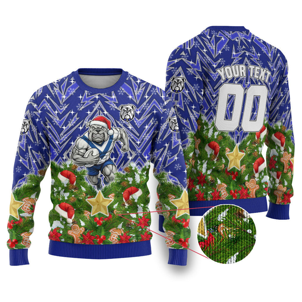 Personalised Bulldogs Rugby Christmas Ugly Christmas Sweater Santa Rugby Mascot - Pine Wreath Festive