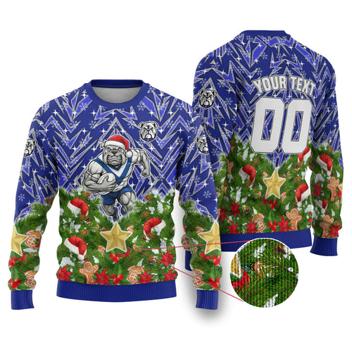 Personalised Bulldogs Rugby Christmas Ugly Christmas Sweater Santa Rugby Mascot - Pine Wreath Festive