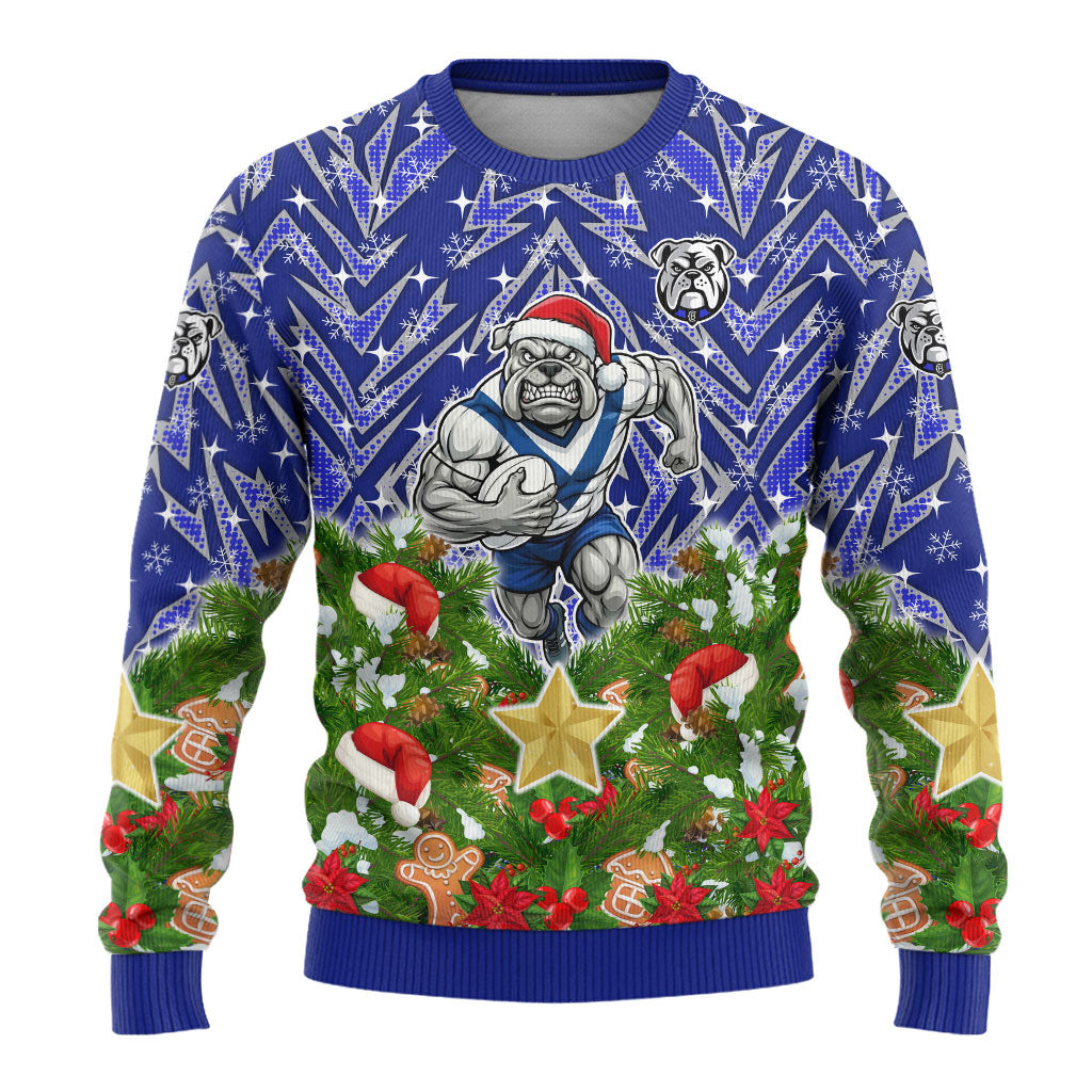 Personalised Bulldogs Rugby Christmas Ugly Christmas Sweater Santa Rugby Mascot - Pine Wreath Festive