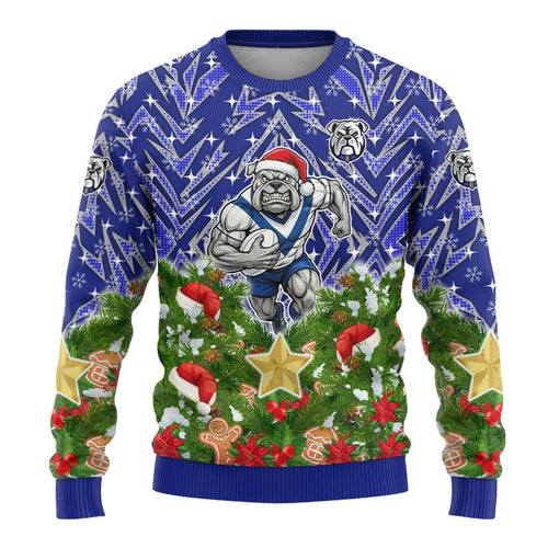 Personalised Bulldogs Rugby Christmas Ugly Christmas Sweater Santa Rugby Mascot - Pine Wreath Festive