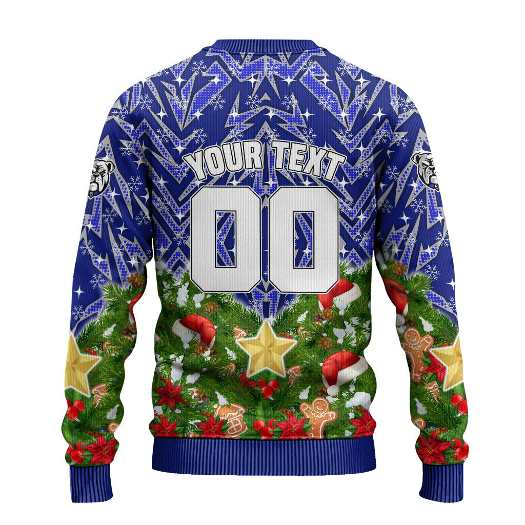 Personalised Bulldogs Rugby Christmas Ugly Christmas Sweater Santa Rugby Mascot - Pine Wreath Festive