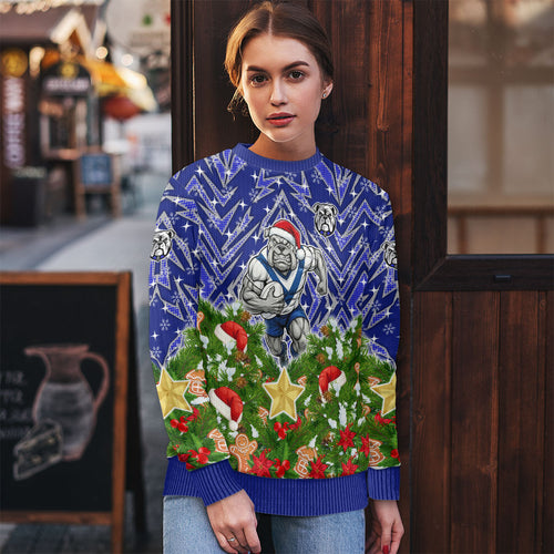 Personalised Bulldogs Rugby Christmas Ugly Christmas Sweater Santa Rugby Mascot - Pine Wreath Festive