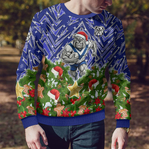 Personalised Bulldogs Rugby Christmas Ugly Christmas Sweater Santa Rugby Mascot - Pine Wreath Festive