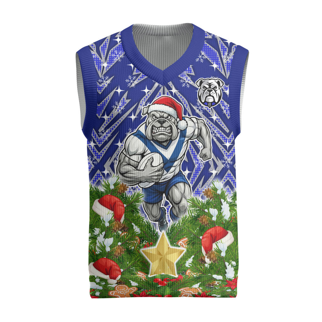 Personalised Bulldogs Rugby Christmas Knitted V-Neck Vest Santa Rugby Mascot - Pine Wreath Festive