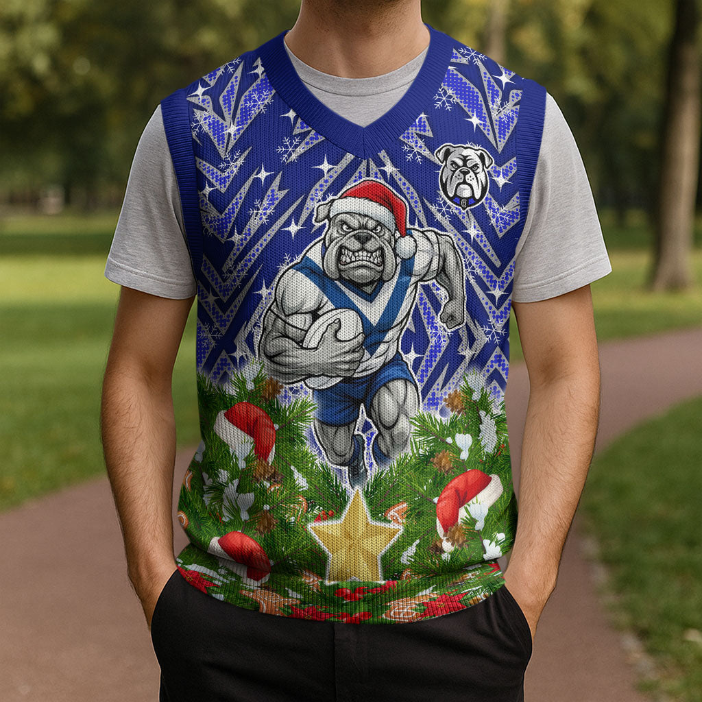 Personalised Bulldogs Rugby Christmas Knitted V-Neck Vest Santa Rugby Mascot - Pine Wreath Festive
