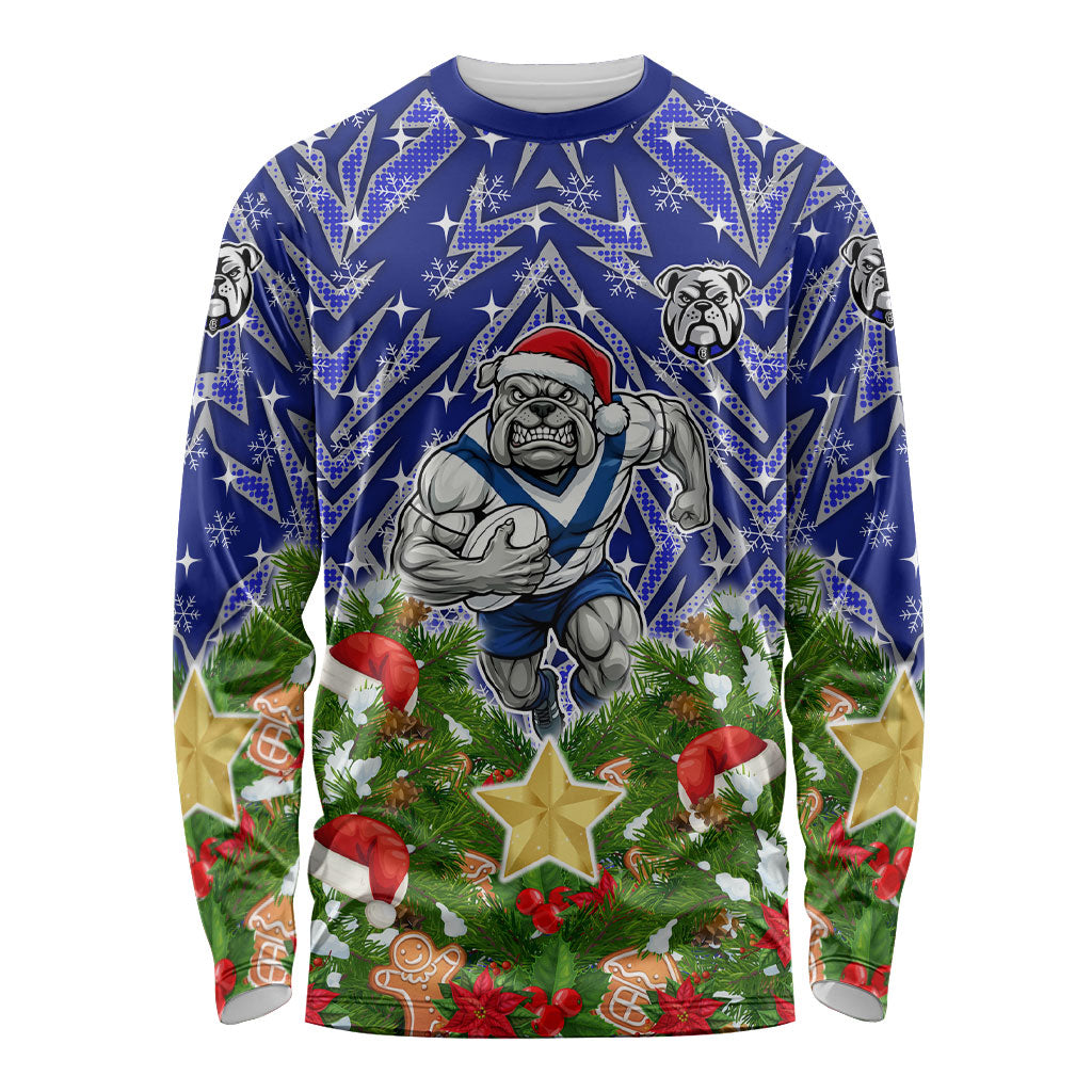 Personalised Bulldogs Rugby Christmas Long Sleeve Shirt Santa Rugby Mascot - Pine Wreath Festive