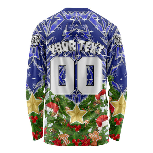 Personalised Bulldogs Rugby Christmas Long Sleeve Shirt Santa Rugby Mascot - Pine Wreath Festive