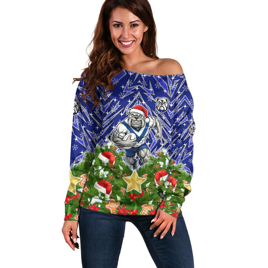 Personalised Bulldogs Rugby Christmas Off Shoulder Sweater Santa Rugby Mascot - Pine Wreath Festive