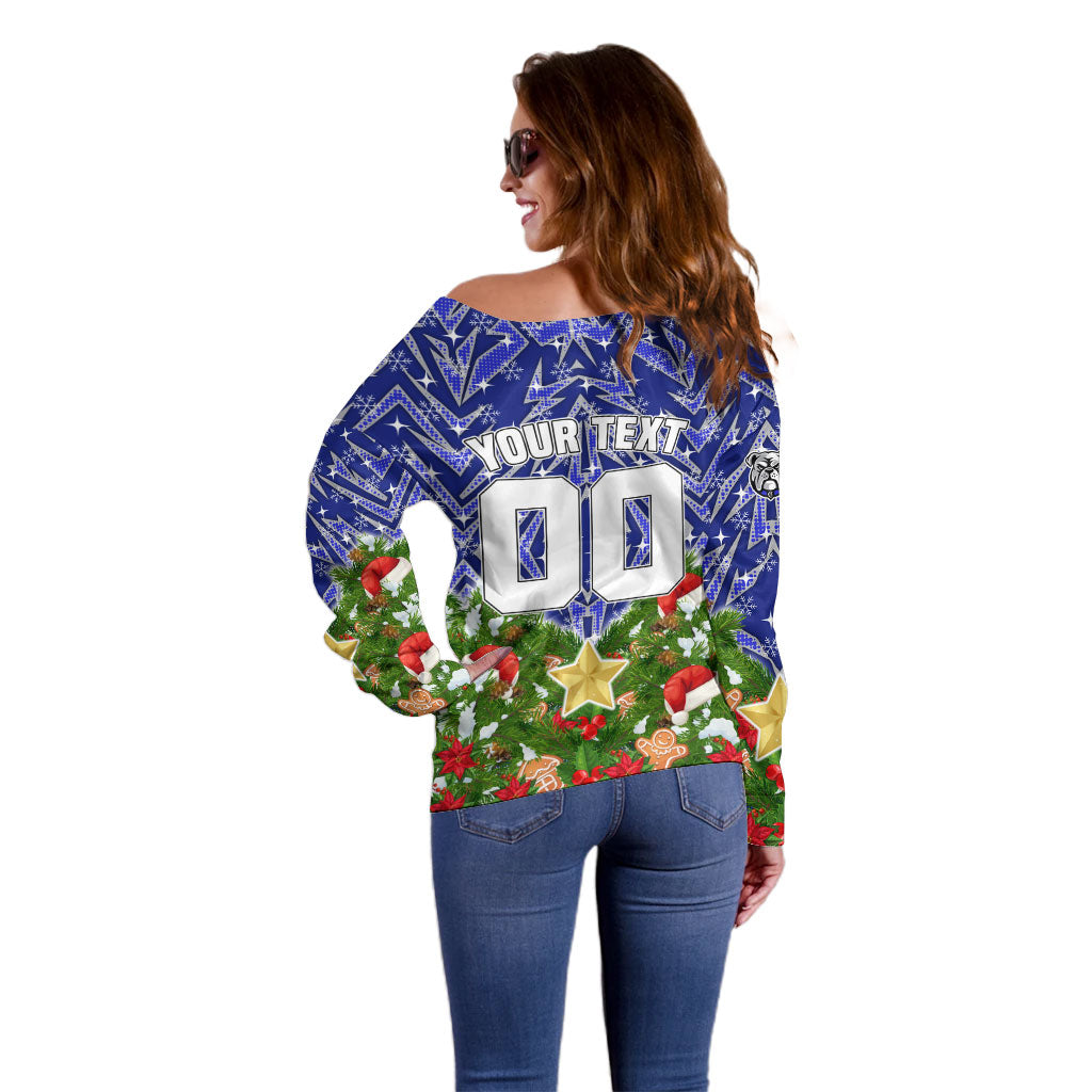 Personalised Bulldogs Rugby Christmas Off Shoulder Sweater Santa Rugby Mascot - Pine Wreath Festive
