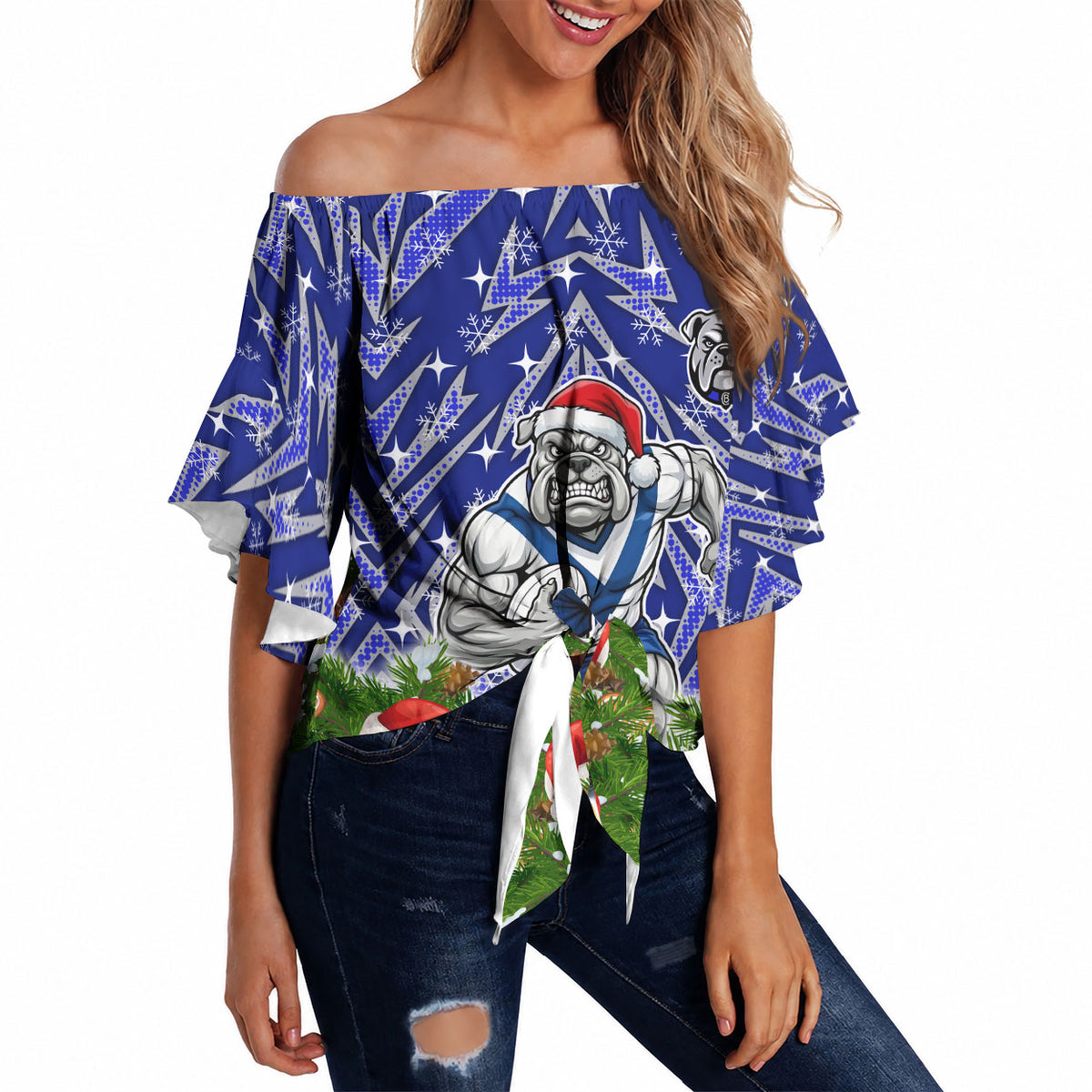 Personalised Bulldogs Rugby Christmas Off Shoulder Wrap Waist Top Santa Rugby Mascot - Pine Wreath Festive