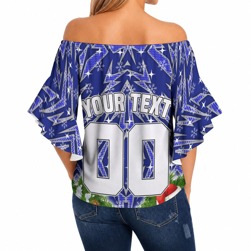 Personalised Bulldogs Rugby Christmas Off Shoulder Wrap Waist Top Santa Rugby Mascot - Pine Wreath Festive