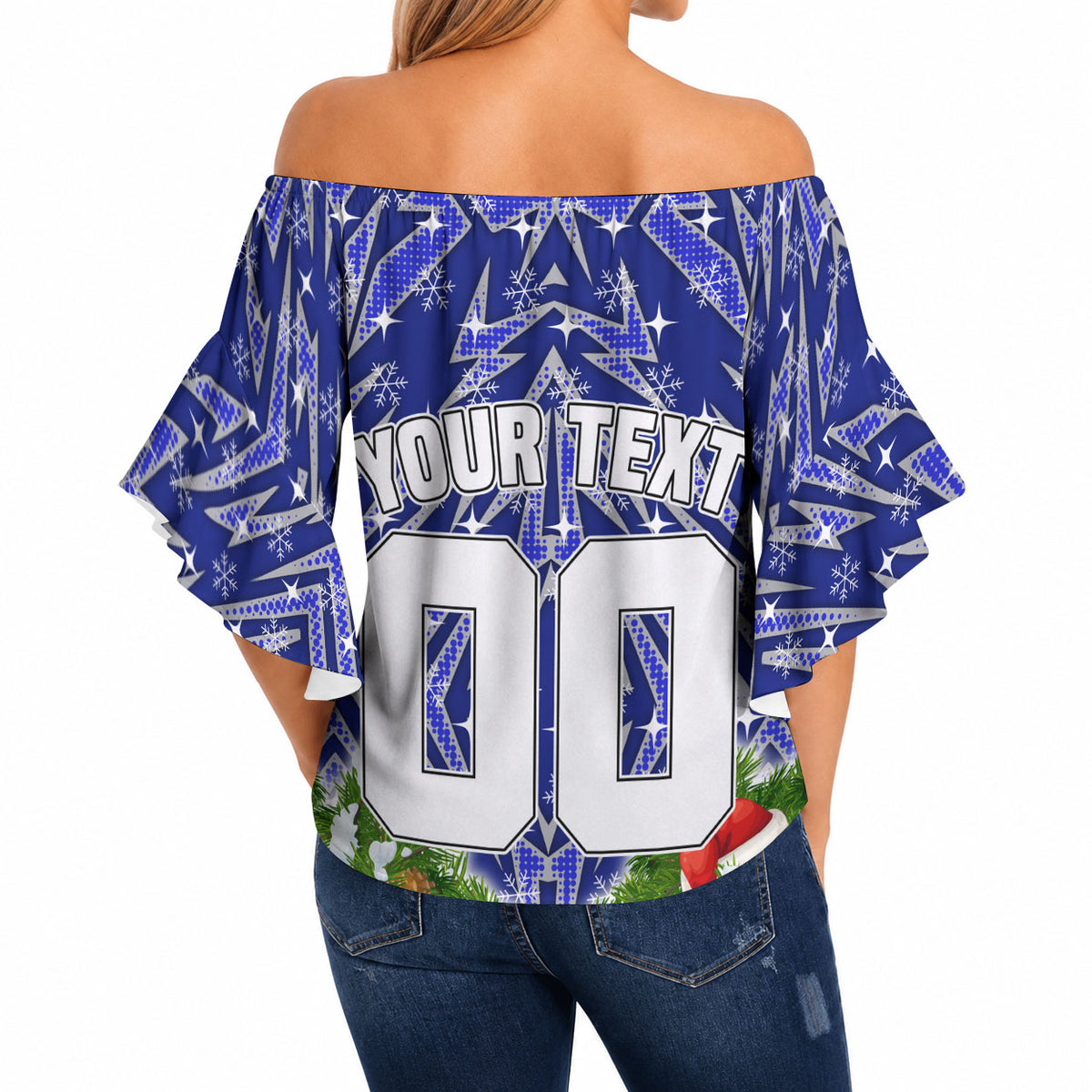 Personalised Bulldogs Rugby Christmas Off Shoulder Wrap Waist Top Santa Rugby Mascot - Pine Wreath Festive