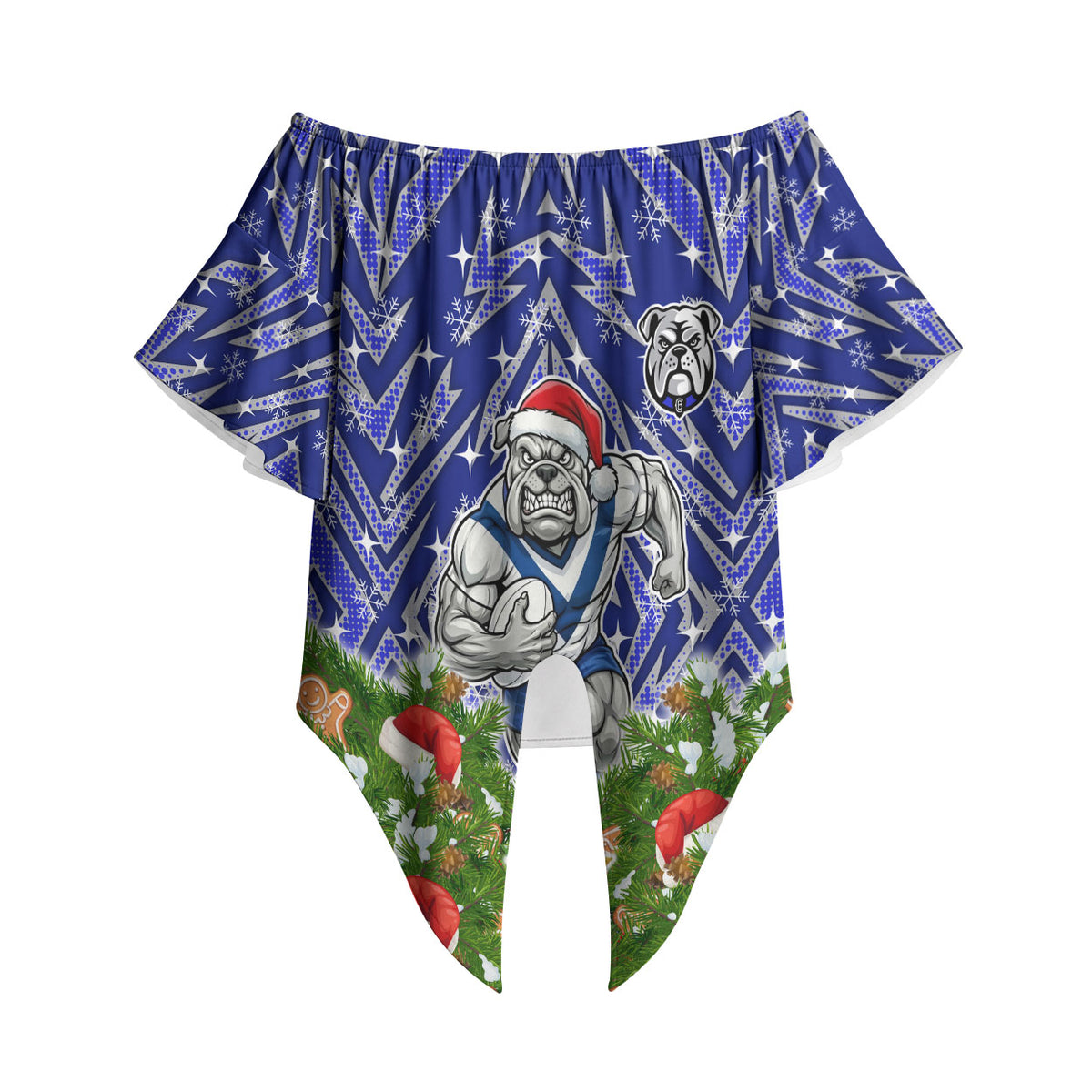 Personalised Bulldogs Rugby Christmas Off Shoulder Wrap Waist Top Santa Rugby Mascot - Pine Wreath Festive