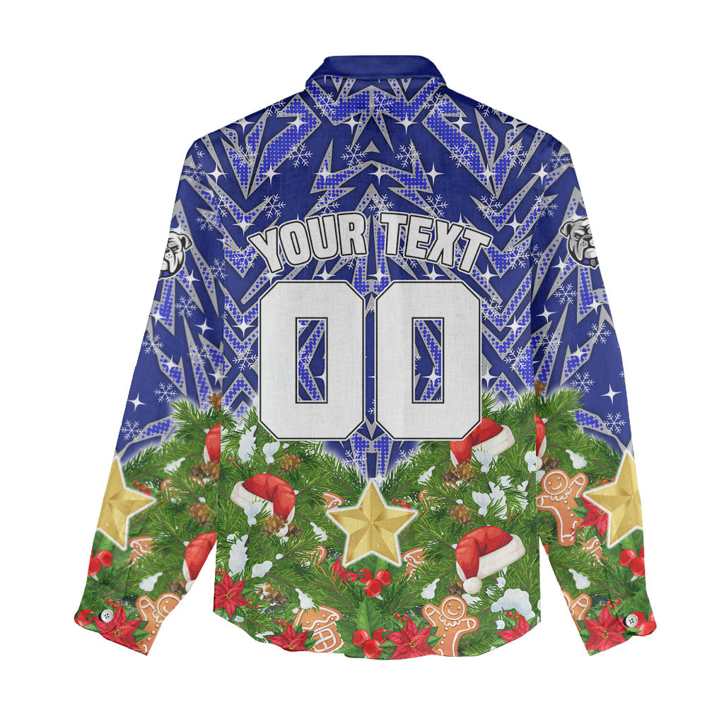 Personalised Bulldogs Rugby Christmas Women Casual Shirt Santa Rugby Mascot - Pine Wreath Festive