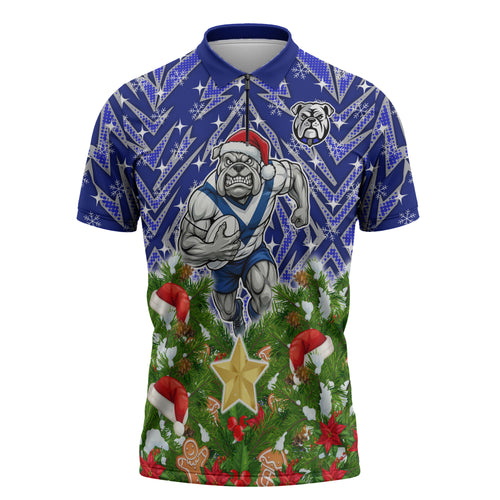 Personalised Bulldogs Rugby Christmas Zipper Polo Shirt Santa Rugby Mascot - Pine Wreath Festive