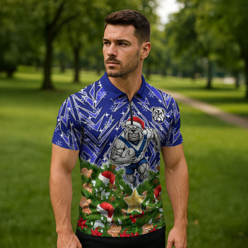 Personalised Bulldogs Rugby Christmas Zipper Polo Shirt Santa Rugby Mascot - Pine Wreath Festive
