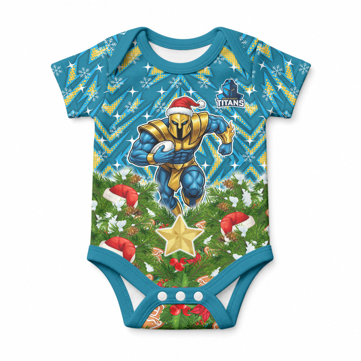 Personalised Titans Rugby Christmas Baby Onesie Santa Rugby Mascot - Pine Wreath Festive