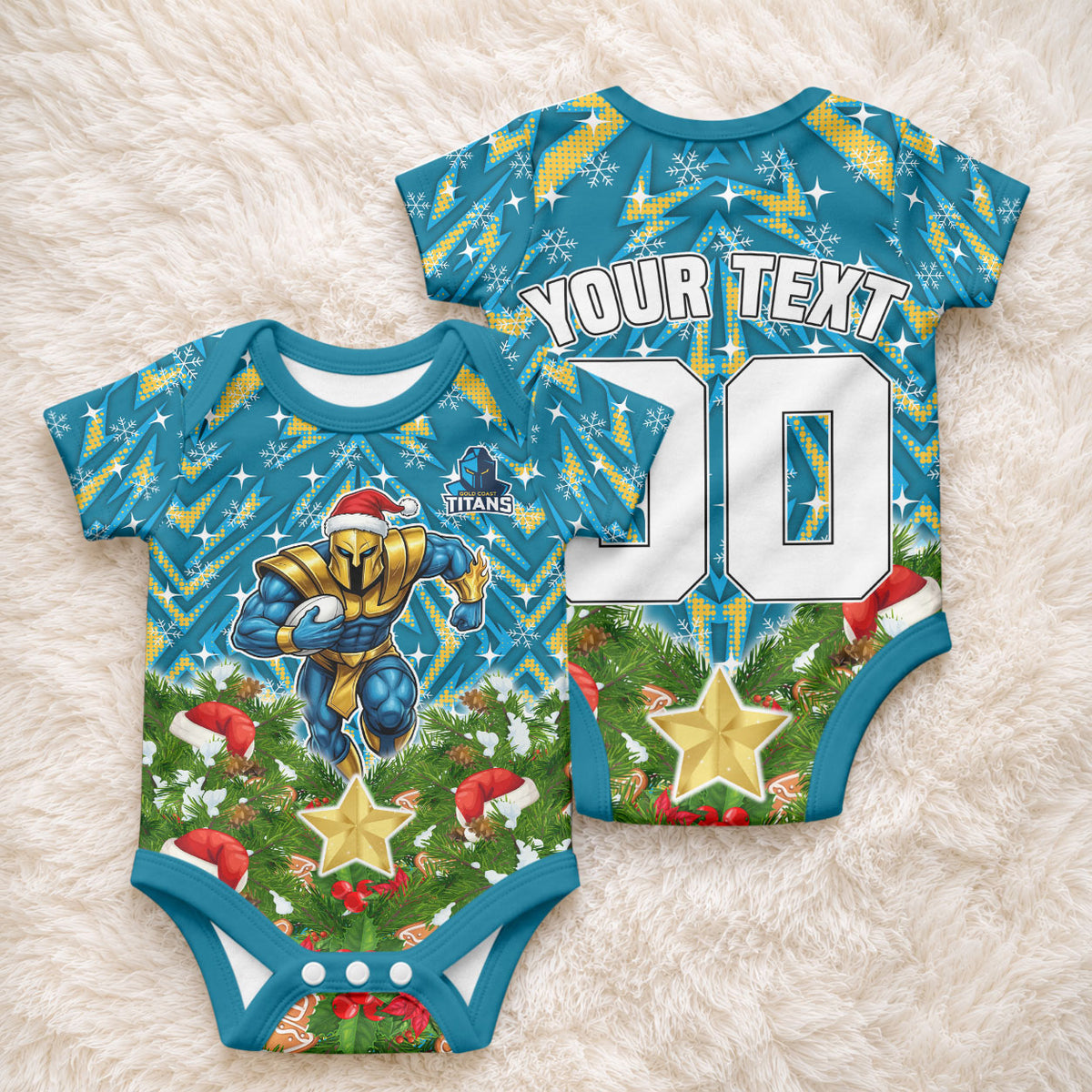Personalised Titans Rugby Christmas Baby Onesie Santa Rugby Mascot - Pine Wreath Festive