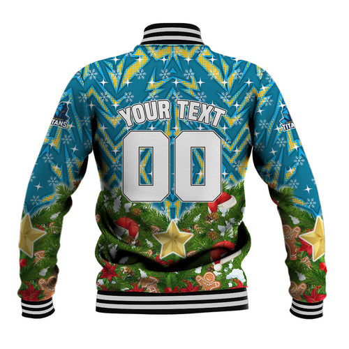 Personalised Titans Rugby Christmas Baseball Jacket Santa Rugby Mascot - Pine Wreath Festive
