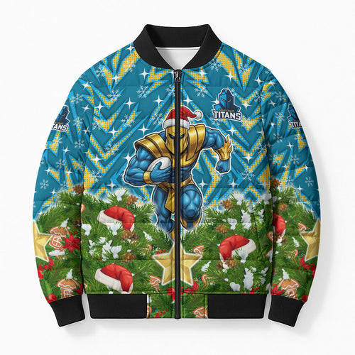 Personalised Titans Rugby Christmas Bomber Puffer Jacket Santa Rugby Mascot - Pine Wreath Festive